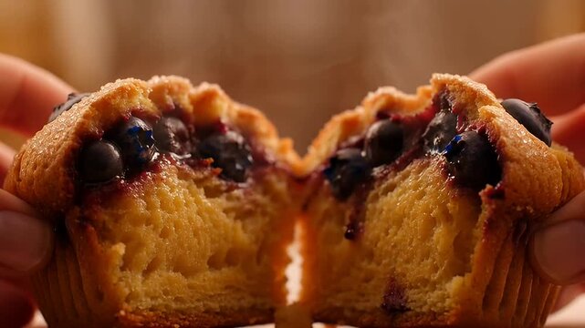 Close up of freshly baked blueberry muffin split in half showing inside