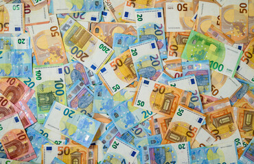 Fototapeta premium Background of Euro Banknotes in Various Denominations