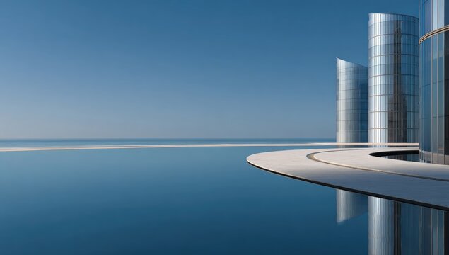 Futuristic glass towers by calm ocean, a modern architectural dream