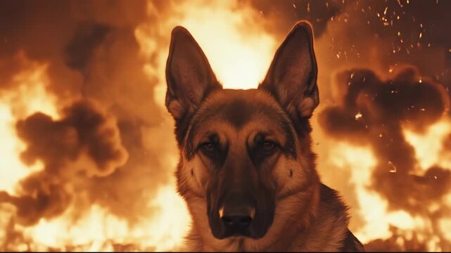 A German shepherd against a fiery backdrop, exuding loyalty and strength.