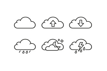 Obraz premium Weather icons: cloud, upload, download, rain, night, storm symbols in simple outline style