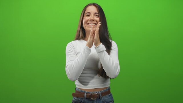 Woman clapping hands in a green screen studio wearing white long sleeve cropped top and jeans; joy celebration.