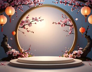 提灯と桜に囲まれた和風の円形ステージ