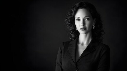 Fototapeta premium A black and white portrait of a woman with curly hair wearing a dark blazer