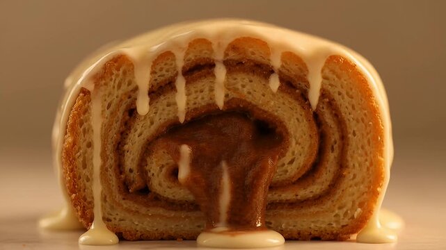 Delicious looking cinnamon roll with vanilla icing dripping down the side in closeup
