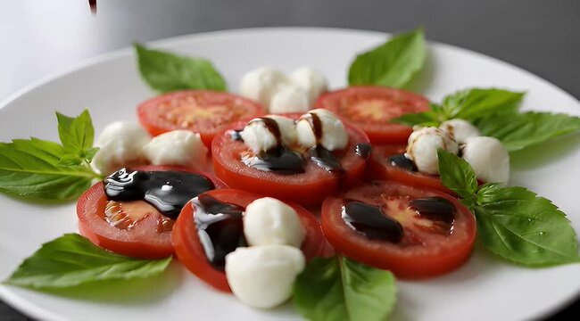Fresh caprese salad with sliced tomatoes, mozzarella and balsamic glaze, basil garnish