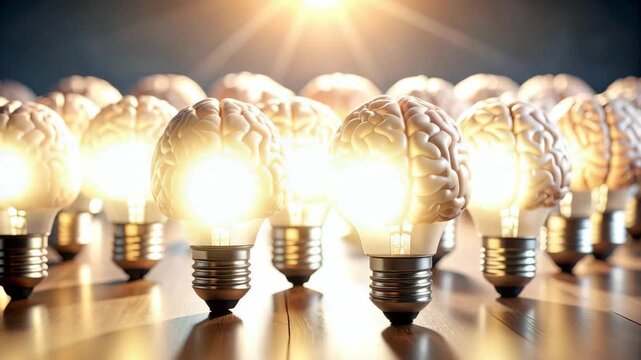 Row of bright glowing human brain light bulbs on wooden floor symbolizing innovation and creative group thinking