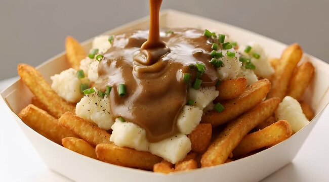 Delicious Canadian Poutine featuring Crispy Fries, Fresh Cheese Curds and Rich Gravy