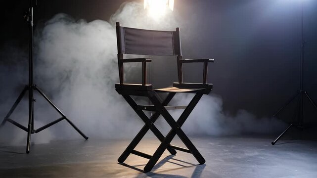 Black folding directors chair on empty movie set stage with dramatic smoke and stage lights