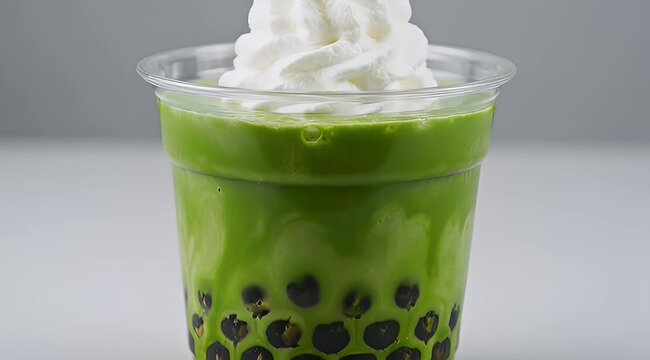 Iced matcha latte boba tea with whipped cream in a clear plastic cup