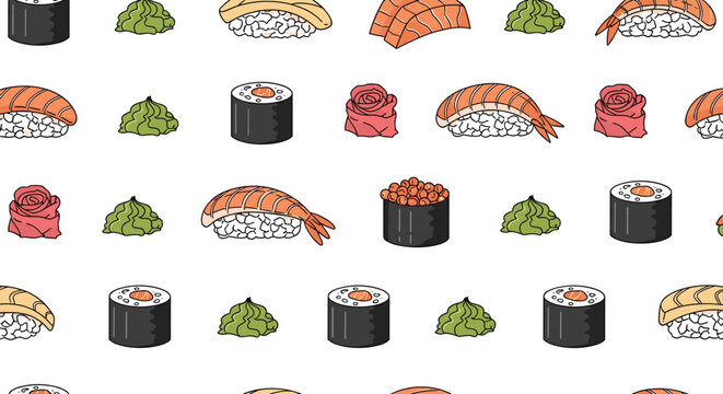 Simple and colorful seamless pattern of assorted Japanese sushi, maki rolls, wasabi, and pickled ginger on a clean white background.