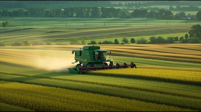 Combine Harvester Working on Lush Green and Golden Fields &ndash; Rolling Farmland, Summer Harvest, Modern Agriculture Landscape