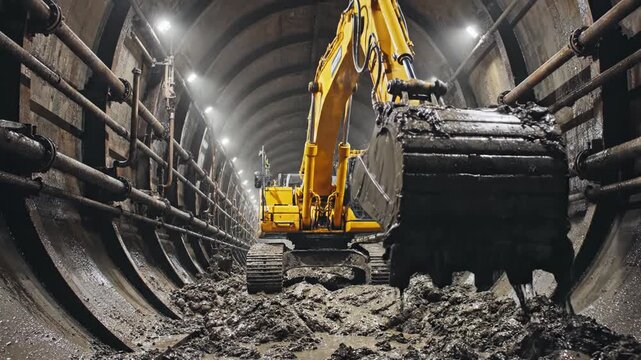 Excavator inside large underground tunnel construction site