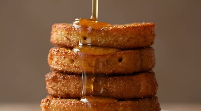 A stack of golden brioche toasts getting drizzled with honey in studio light