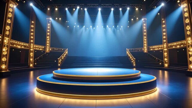 Grand empty stage with a blue circular podium illuminated by spotlights for a theater or awards ceremony set