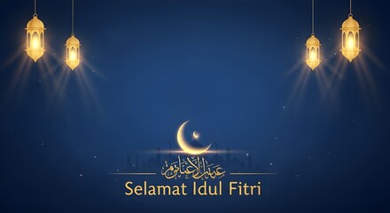 Elegant Eid al-Fitr illustration with glowing crescent moon, mosque silhouette, golden lanterns, blue gold palette and peaceful mood
