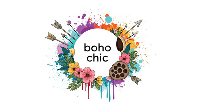 A vibrant 'boho chic' circular frame design with colorful flowers, leaves, and arrows exploding from a messy paint splatter background.