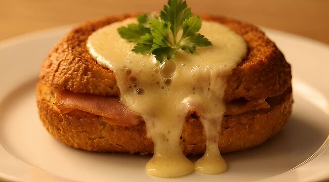 Delectable Croque Madame variation with savory ham, rich cheese sauce, and parsley garnish