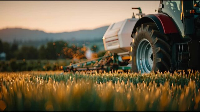 Red Tractor Working in Golden Wheat Field at Sunset &ndash; Modern Farming Machinery, Rural Agriculture Landscape
