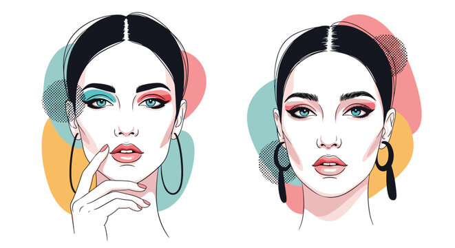 Modern pop art illustration featuring two portraits of a beautiful woman with stylish makeup and abstract colorful shapes in the background.