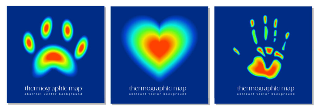 Heat map poster set. Thermographic hand, paw footprint and heart with cold and hot distribution. Infrared thermographic background showing RGB hues. Pet lover concept. Vector illustration.