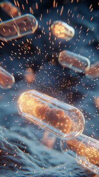 Microscopic 3D Animation of Smart Nanocapsules Releasing Drug Molecules 