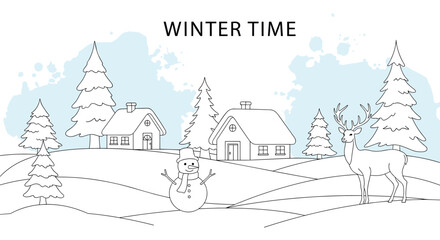 A peaceful winter time coloring page style illustration with a snowman, deer, and cozy houses in a snowy landscape scene.
