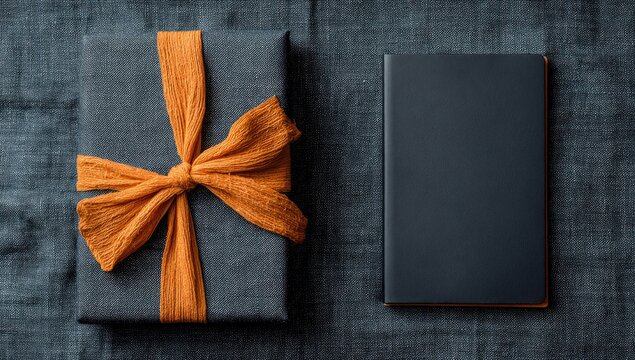 Gift-wrapped package with a large bow next to a closed notebook