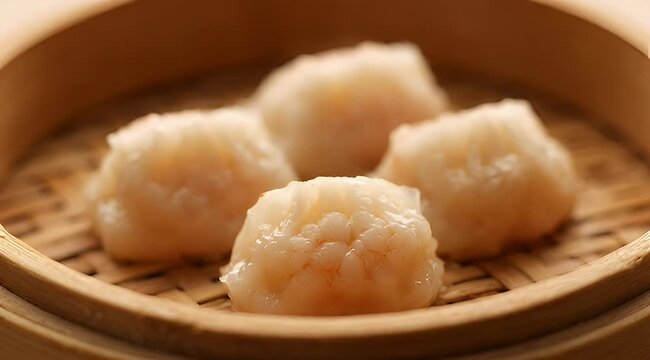 Close up of freshly steamed shrimp dumplings served in bamboo steamer