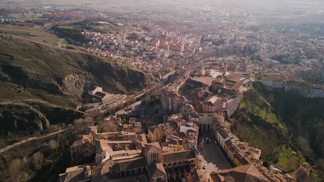 Panoramic aerial view of the Town Square in the city of Cuenca in Spain