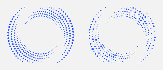 Naklejka premium Abstract blue halftone spiral dots on light grey background. Vector vortex for technology, data flow and AI concepts. Radial graphic design element for modern projects.
