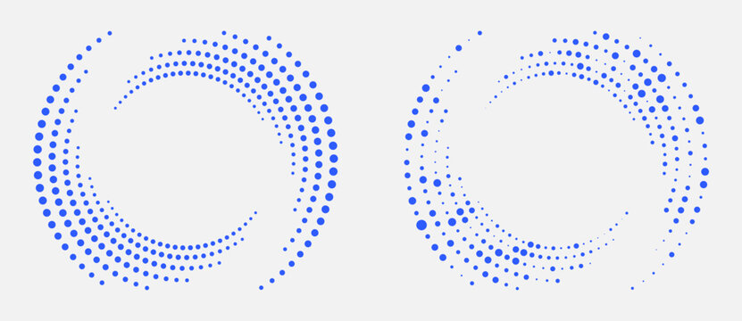 Abstract blue halftone spiral dots on light grey background. Vector vortex for technology, data flow and AI concepts. Radial graphic design element for modern projects.