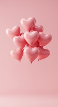 A gentle cluster of pink heart-shaped balloons drifting softly upwards against a complementary pastel pink background, ideal for celebrations, invitation, element, soft