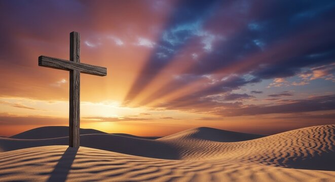 A lonely wooden cross structure standing rigidly among rolling sand dunes under an intense, dramatic desert sky, belief, desert, emptiness