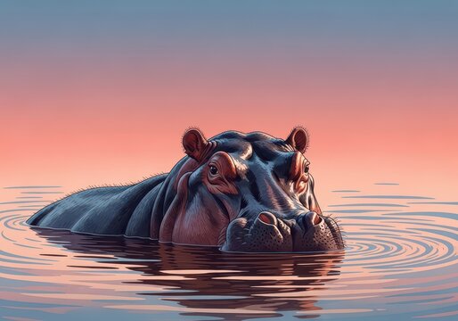 A massive hippopotamus rests submerged in murky river water during the hot day, displaying its huge nostrils and eyes above the surface, heat, biology, thick skin