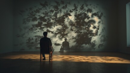 Fototapeta premium Silhouetted therapist and client facing a textured wall, evoking trust, presence, connection and reflective dialogue in a therapeutic relationship.