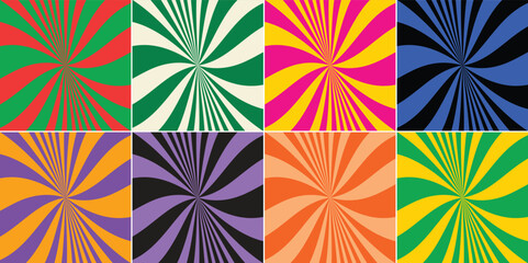 Retro 70s Sunburst Spiral Pattern Collection for Psychedelic Graphic Design Backgrounds