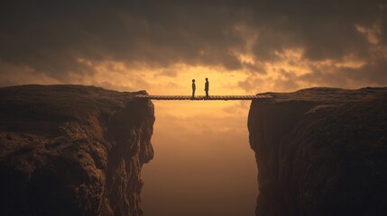 Two figures standing on a narrow bridge between cliffs at sunset symbolizing trust, connection, support and emotional bridge in therapeutic relationship.