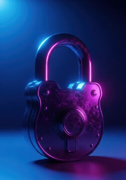 An imposing, digitally rendered metallic security padlock illuminated by blue light, symbolizing robust protection and crucial data safeguarding measures, protection, abstract, secret