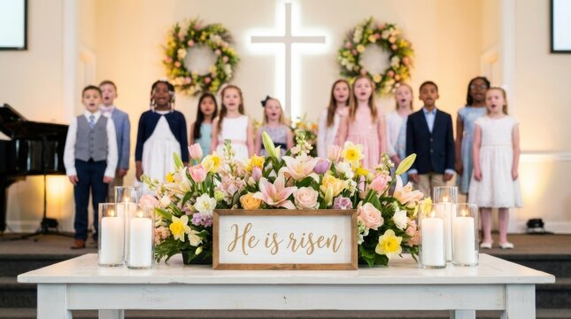 Group of diverse children singing in church for Easter service. Choir performing religious songs during Resurrection celebration. Pastoral interior with floral cross, candle and sign.