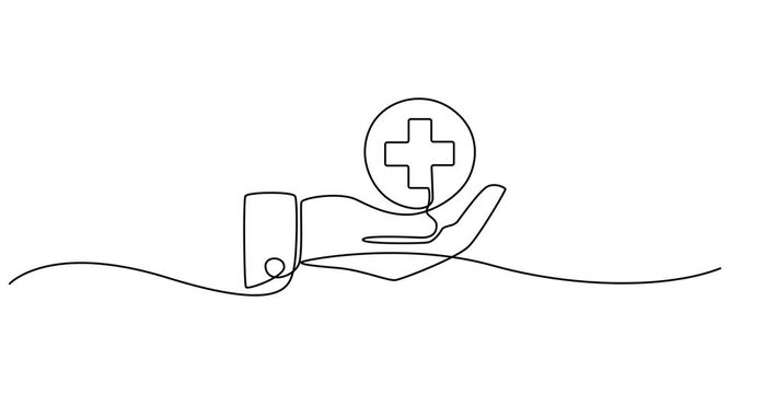 Animated self drawing of  Hand holding medical cross symbol in one continuous line drawing , Continuous line drawing of palm hand holding medical cross and heart love .Animation, continuous