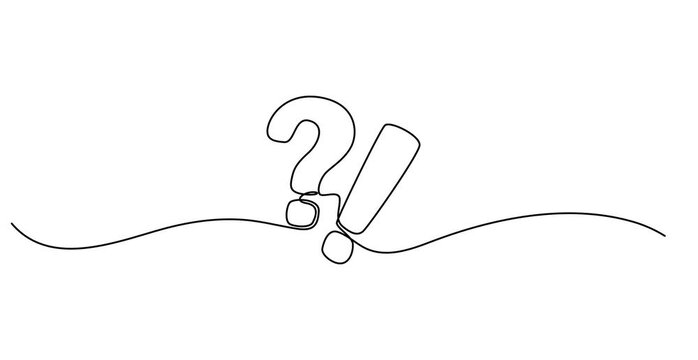 Video. Continuous line drawing question mark and exclamation mark. Hand drawn asking and admiration signs. Animation on white background 4K.