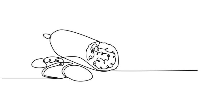 Salami one line continuous. Salami line art. Hand drawn vector art, Boiled sausage continuous line drawing. One line art of meat products, sausage with fat, semi-finished product. animation