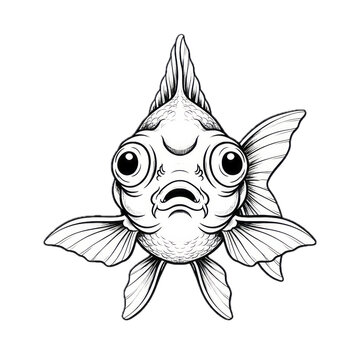 Hand drawn ink sketch of Goldfish front face view isolated on white background. Traditional tattoo illustration.