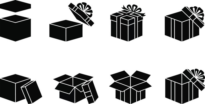 Silhouette of gift boxes in various stages of opening black on white background