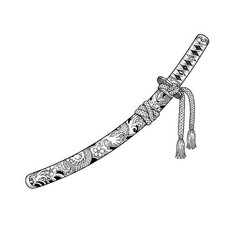 Obraz premium Hand drawn ink sketch of Japanese Katana sword in scabbard isolated on white background. Traditional tattoo illustration.
