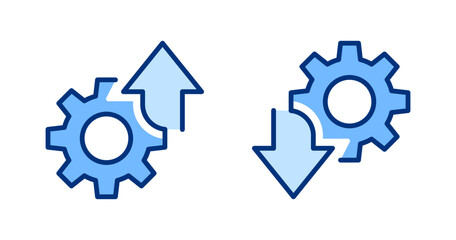 Gear with arrows icons set. Gear wheel, cogwheel, arrow up, down sign. Setting, settings, configuration, setup symbol. Blue solid vector icon. For apps, website, business, ui / ux design, infographic.