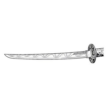 Hand drawn ink sketch of unsheathed Katana blade showing hamon line isolated on white background. Traditional tattoo illustration.