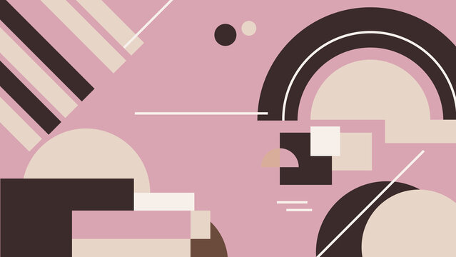 アシンメトリー幾何学背景(ピンク&times;ブラウン)：北欧モダンテイストの円・線・ストライプを組み合わせた抽象デザイン。お菓子パッケージ、カフェブランド、雑貨、ポスター、デザインペーパーなどの「パケ買い」訴求に最適。秋冬の落ち着いたカラーで大人かわいい印象のグラフィック素材。