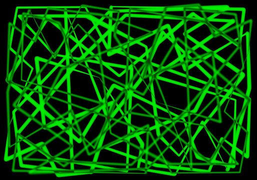 Enredo. Confusi&oacute;n. Composici&oacute;n abstracta con l&iacute;neas verdes sobre fondo negro. Mara&ntilde;a verde